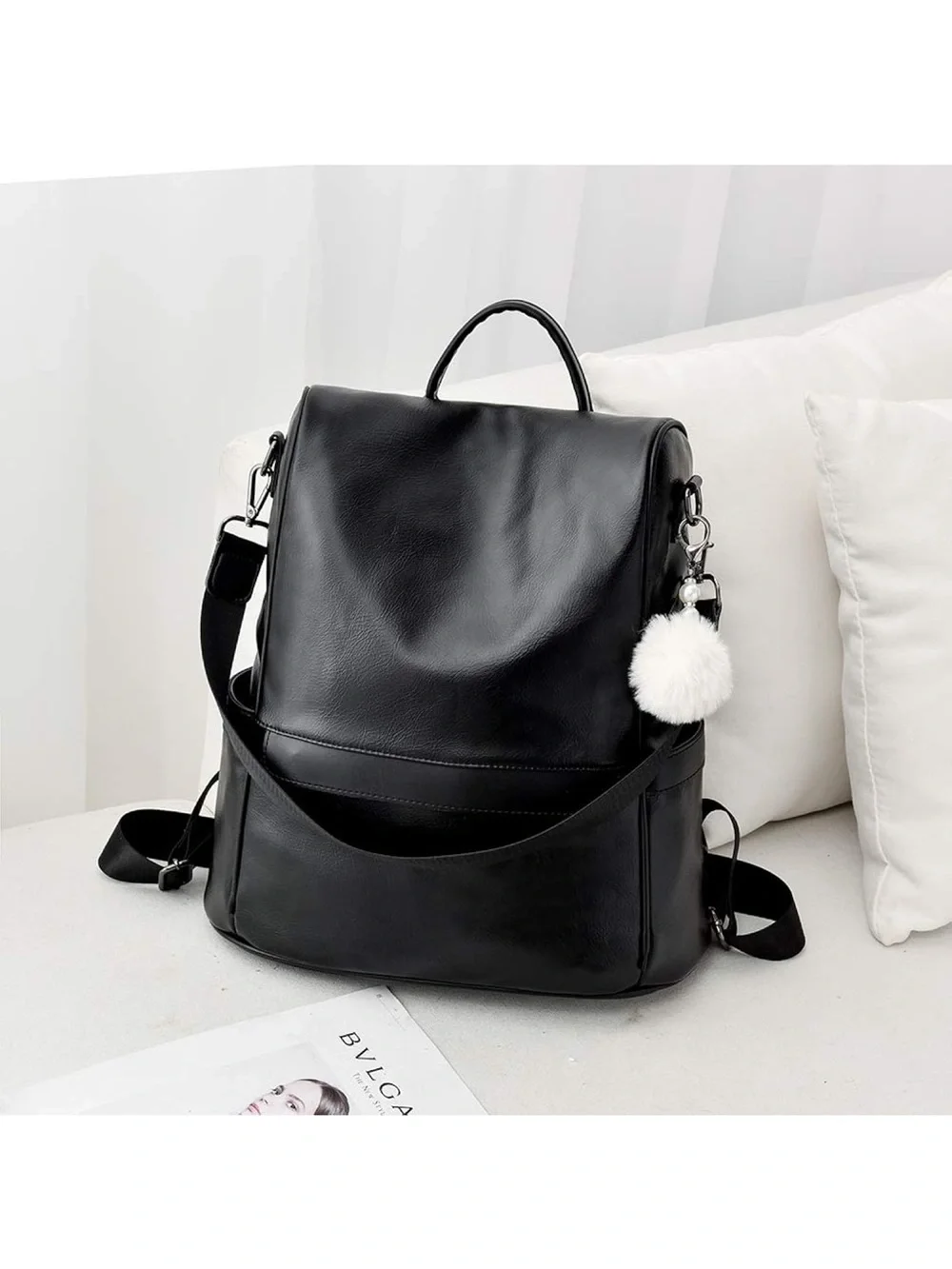 Stylish Black Women's Faux Leather Backpack with Pom Charm